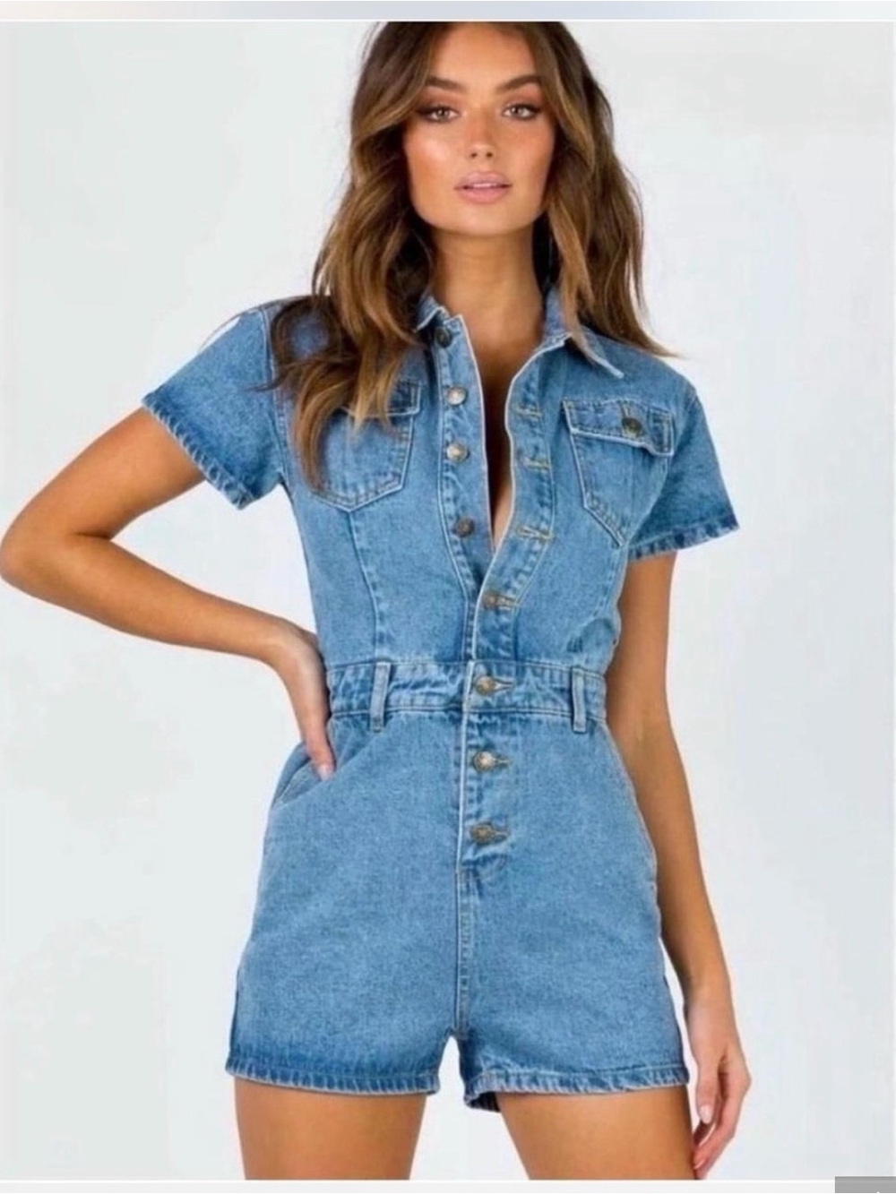 Lioness Blue Short Denim Overalls Romper